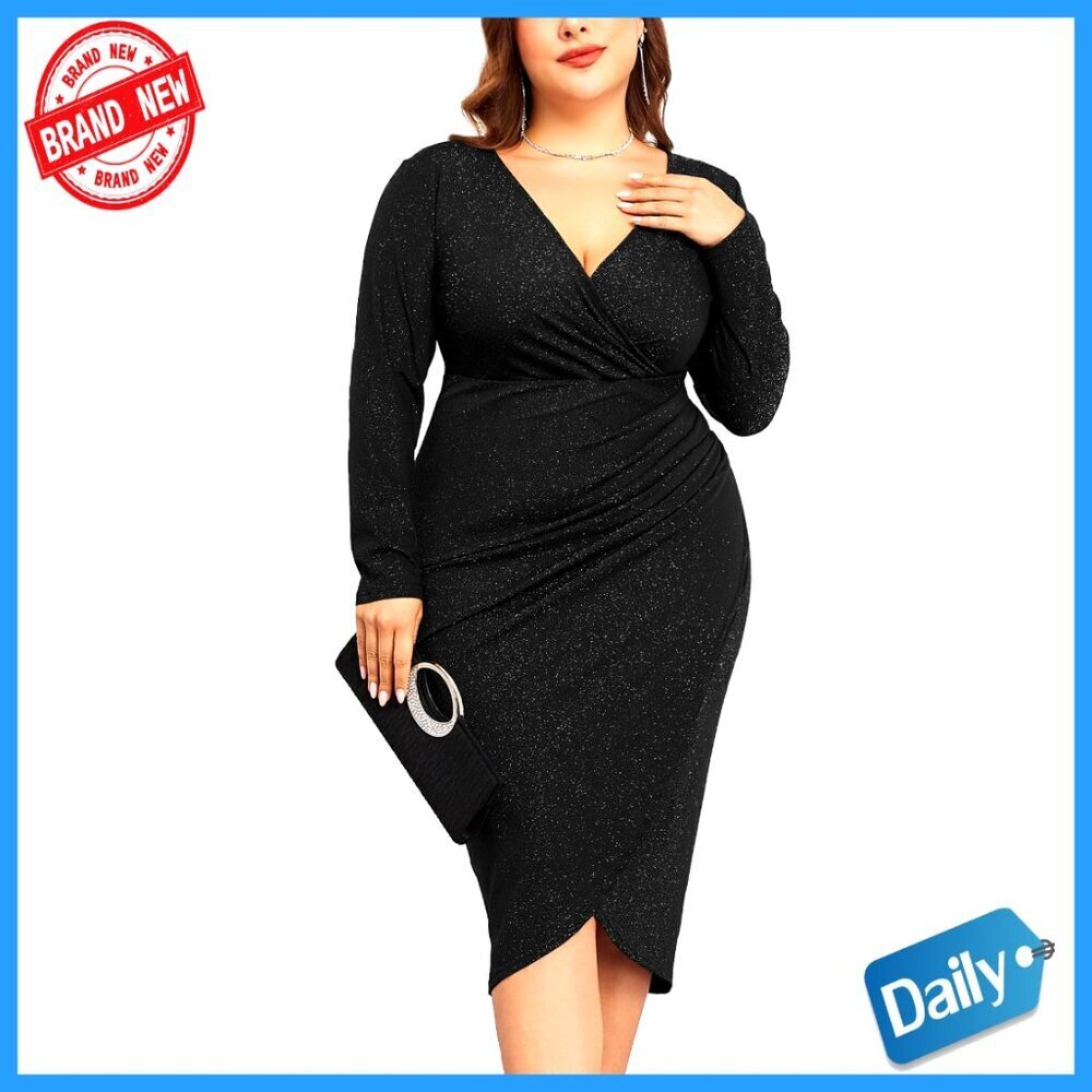 Sparkly Glitter Ruched Bodycon Midi Dress Wrap V-Neck Formal Party Wear